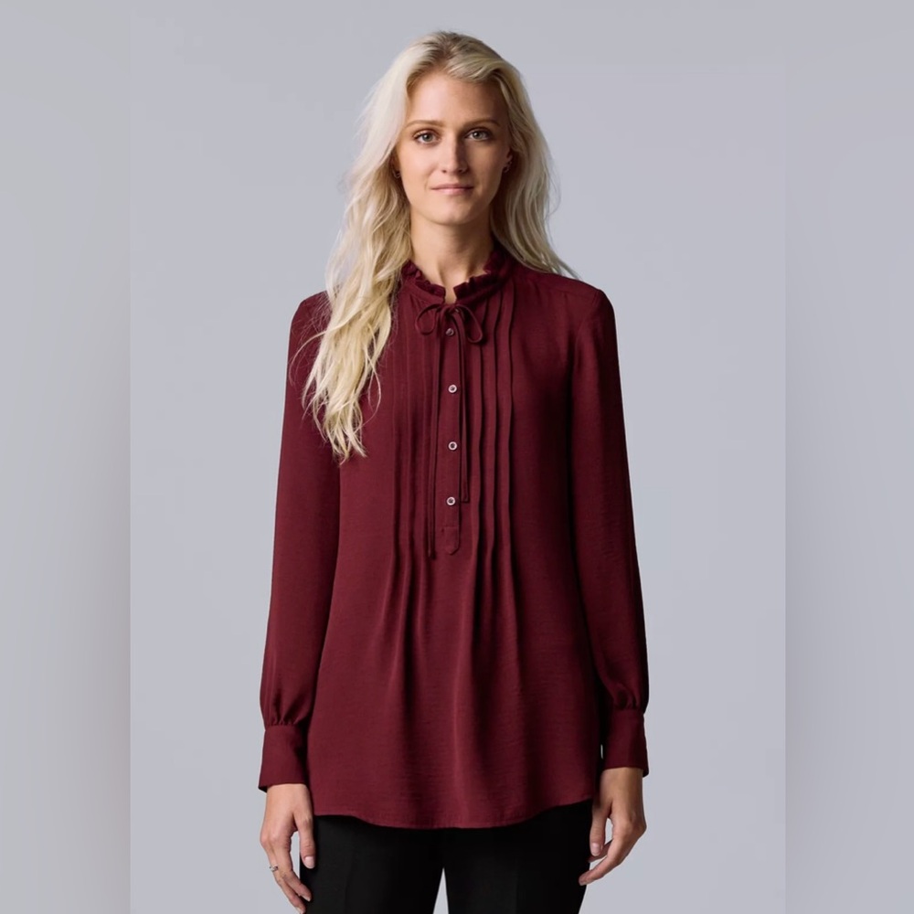 Burgundy Blouse Tie Neck Pintuck Blouse